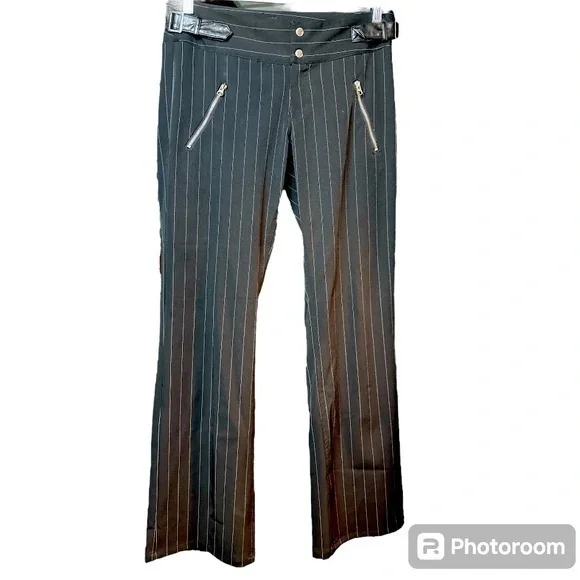 Jou Jou pinstripe slacks with zipper pockets and faux leather belt - Picture 1 of 5